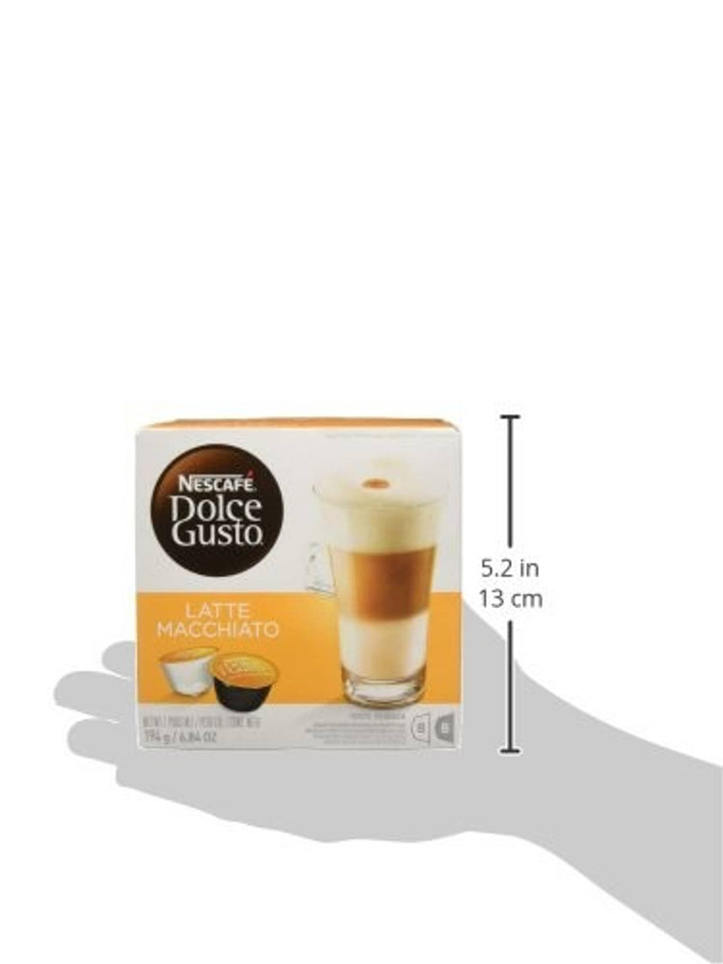 Latte macchiato coffee pod box shown with height measurement label