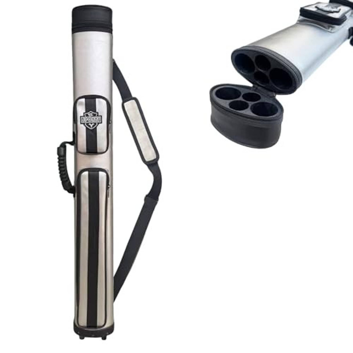 Pool cue case with hinged open end and 4-slot interior, oval hard-shell, silver/white.