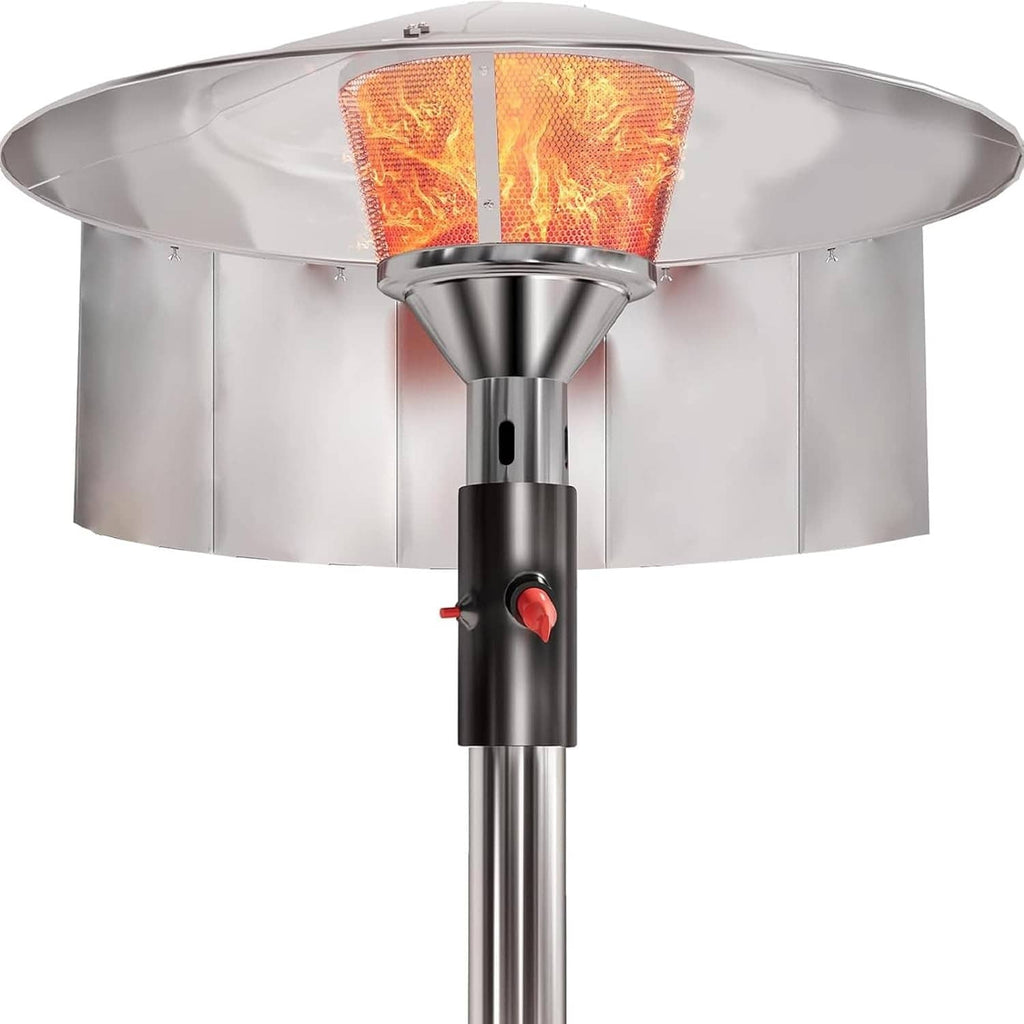 Patio heater reflector shield set with curved silver metal panels and glowing heat guard