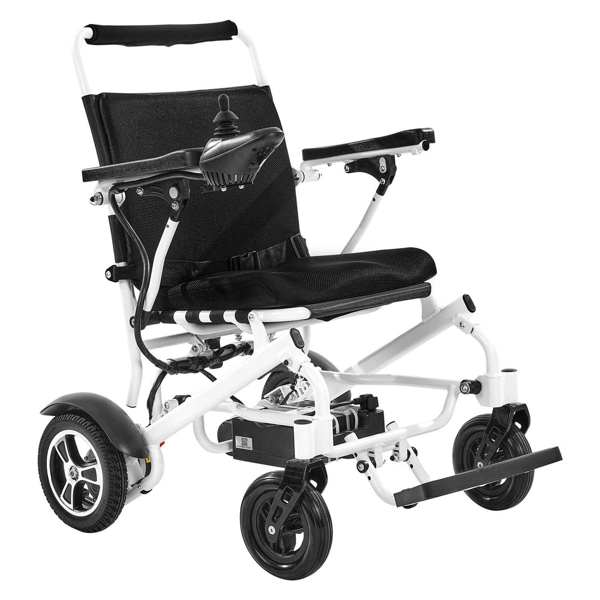 Electric foldable wheelchair with black seat and back, side view and armrests
