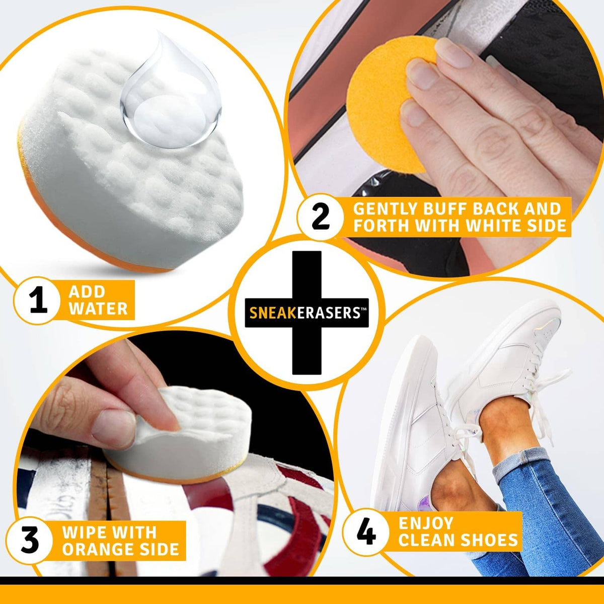 Cleaning sponge steps: add water, buff with white side, wipe with orange side