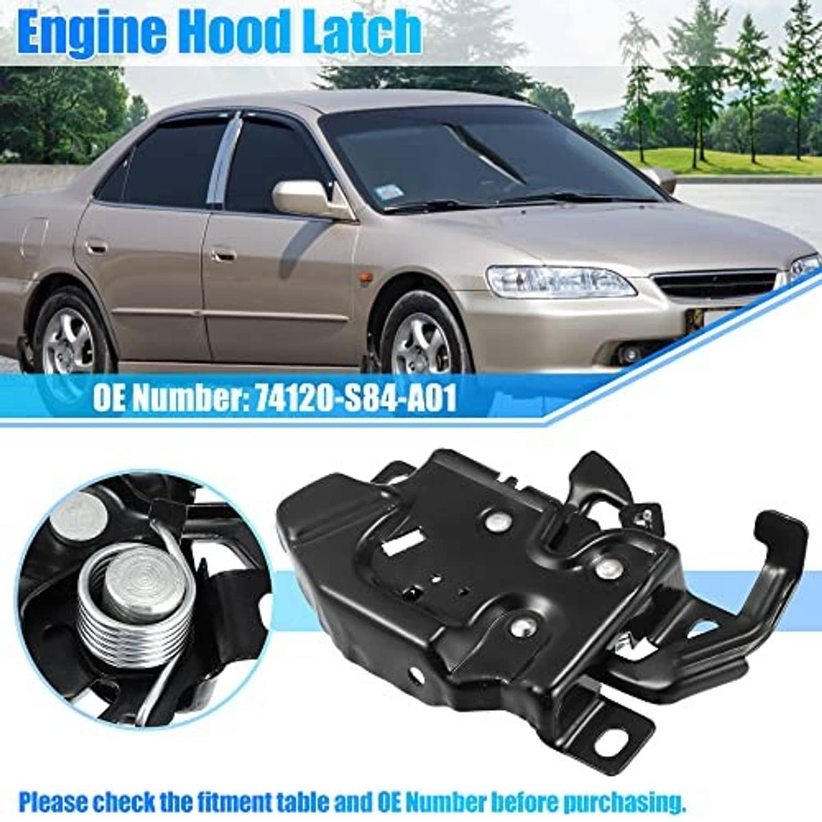 Black engine hood latch lock assembly shown with front car hood area (part)