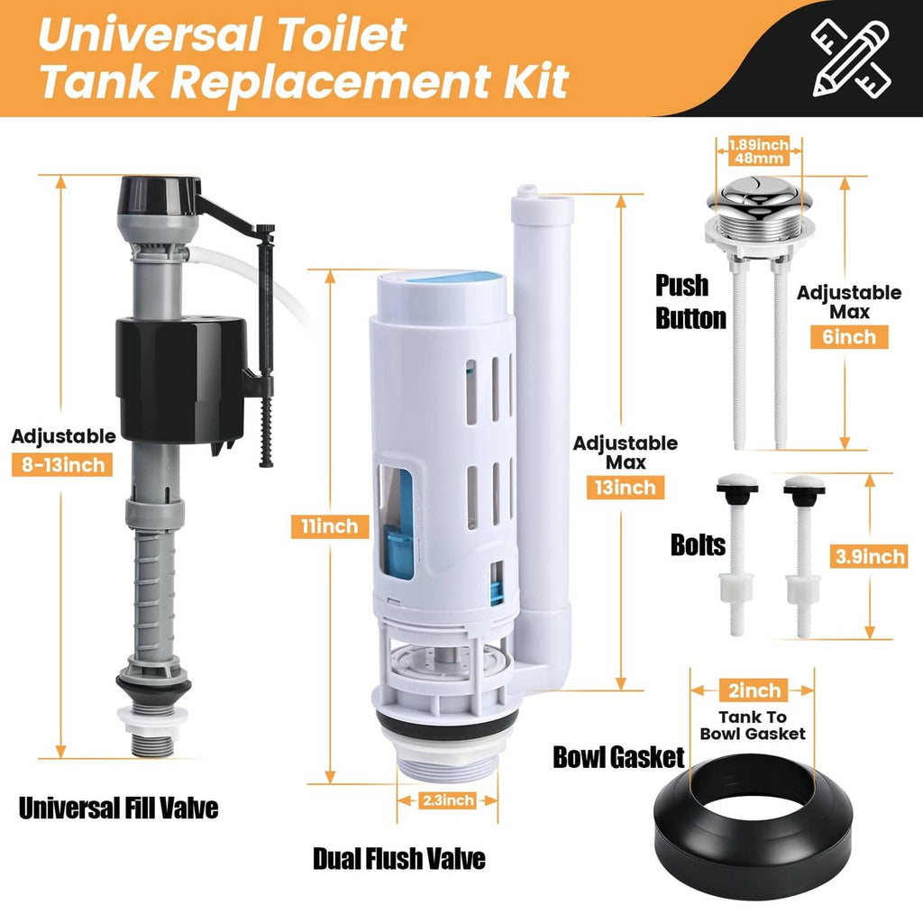 Universal dual flush toilet tank replacement kit with adjustable bolts and push button