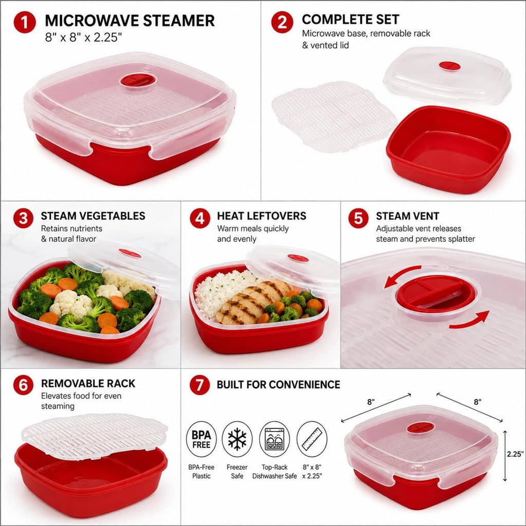 Microwave steamer set with clear vented lid, red base, and removable steaming rack