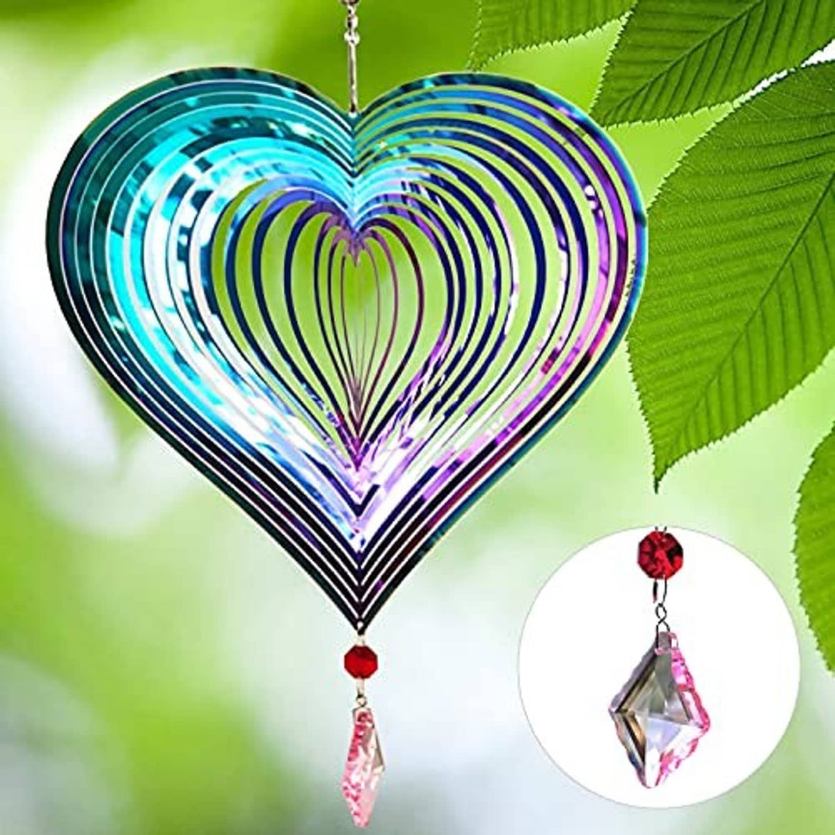 Blue, teal, and purple metal heart wind spinner with crystal pendant charm