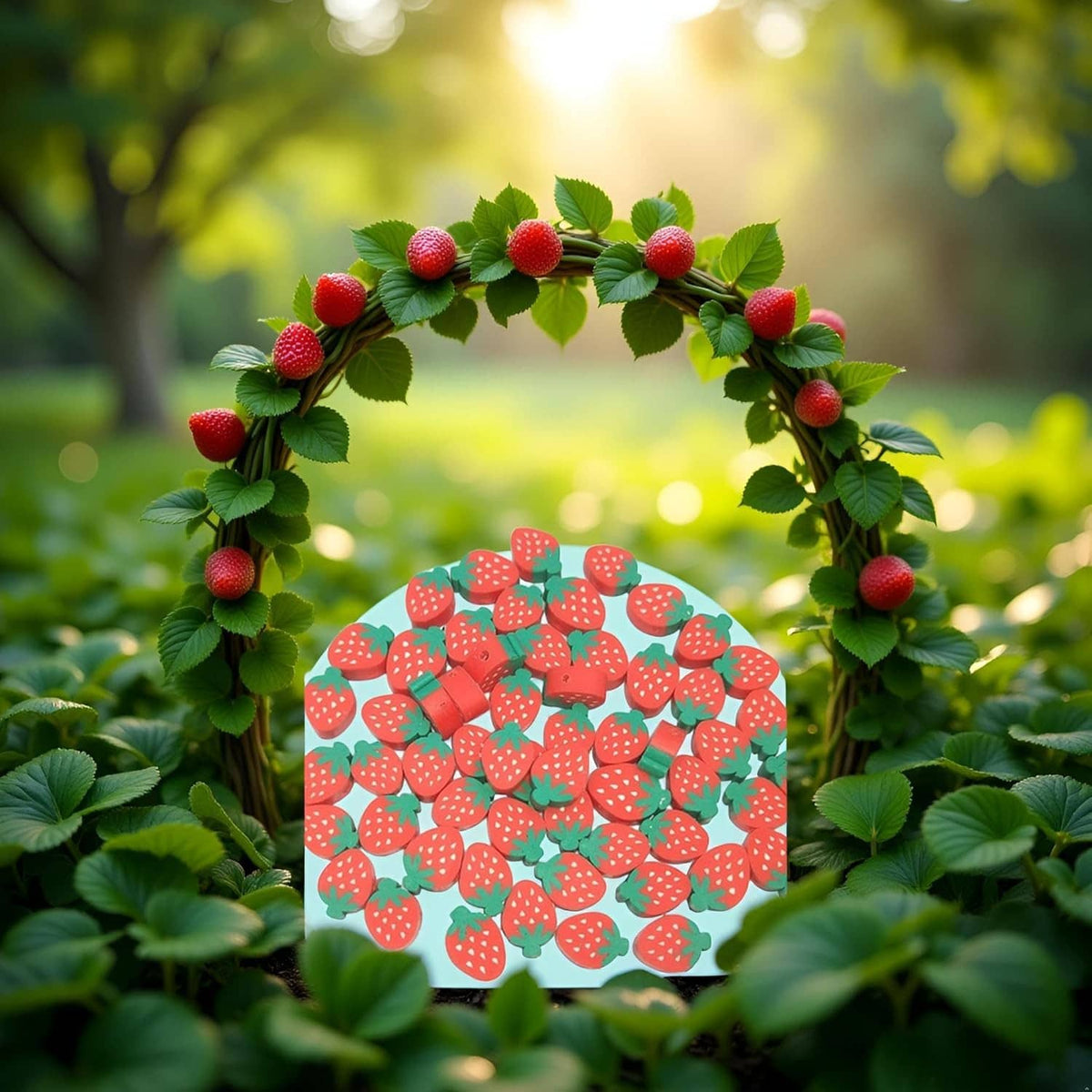 Strawberry-shaped polymer clay beads displayed as a pendant in green leaves frame.
