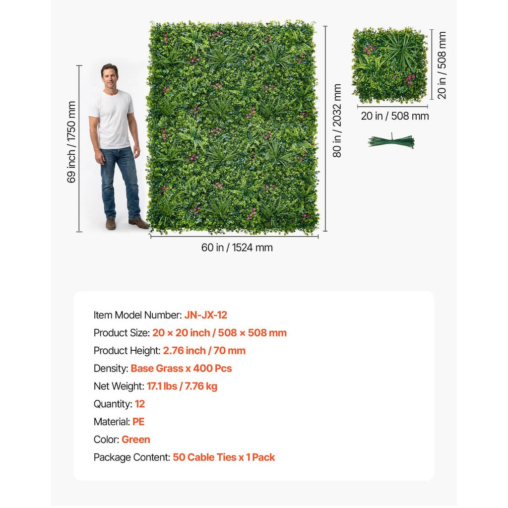 Artificial plant wall panel, 20 x 20 in square size; dense green foliage with pink flowers.