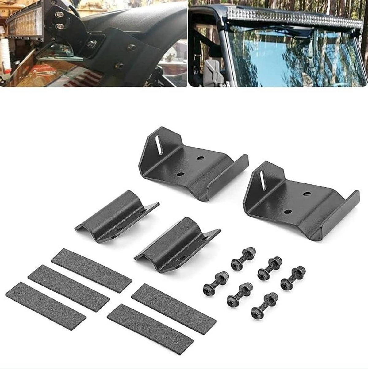 LED light bar mounting bracket kit with black brackets, adhesive strips, and bolts