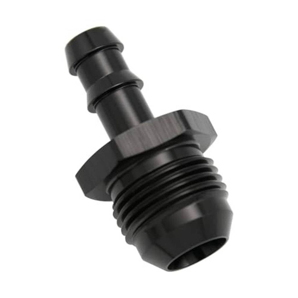 Black 10AN male to 3/8" push hose barb fitting, angled view of barb and threads