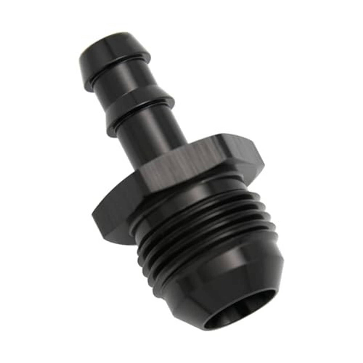 Black 10AN male to 3/8" push hose barb fitting, angled view of barb and threads