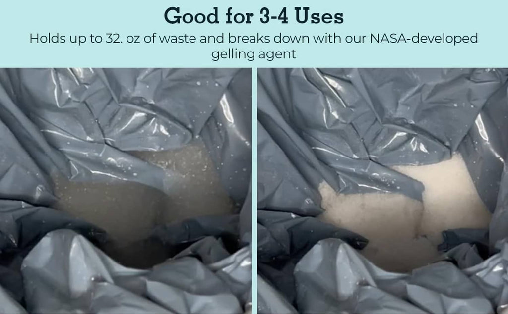Blue waste bag with gelling powder turning contents into gel