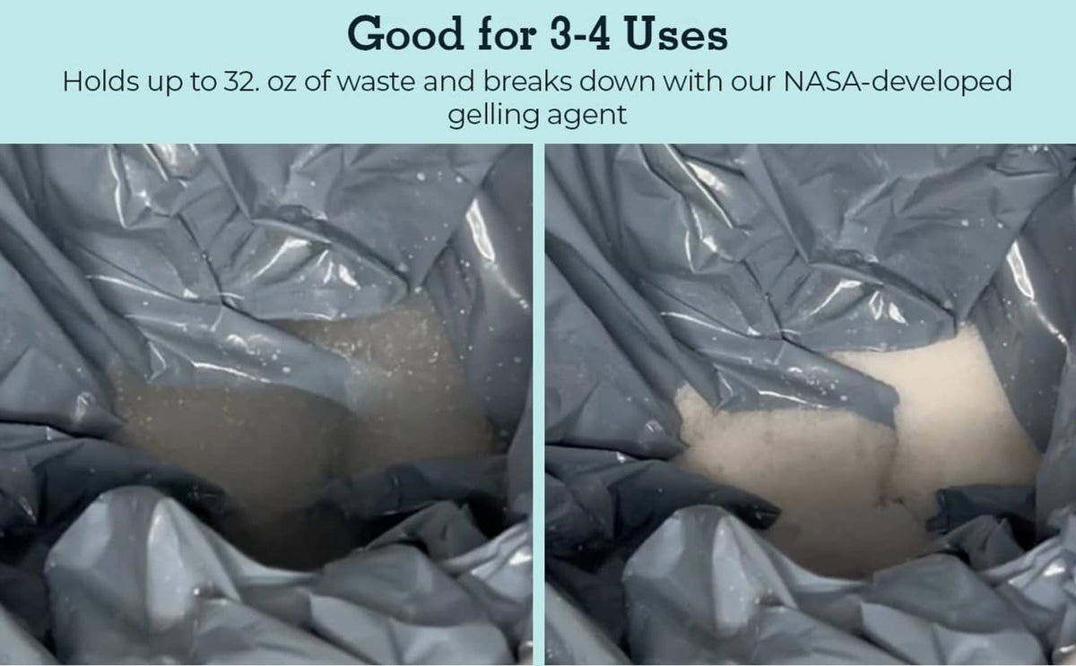 Blue waste bag with gelling powder turning contents into gel