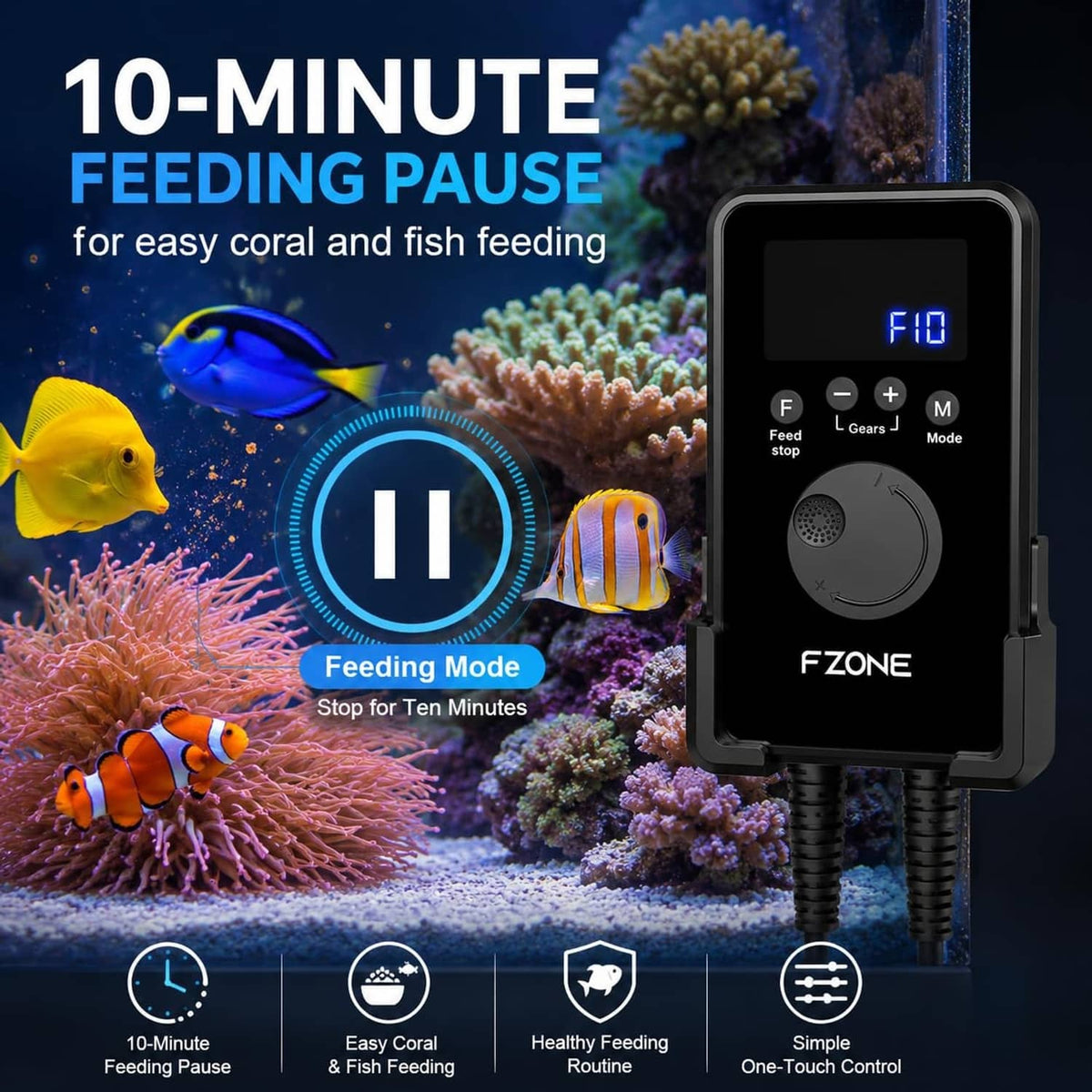 Blue aquarium wave maker controller with display showing feeding mode
