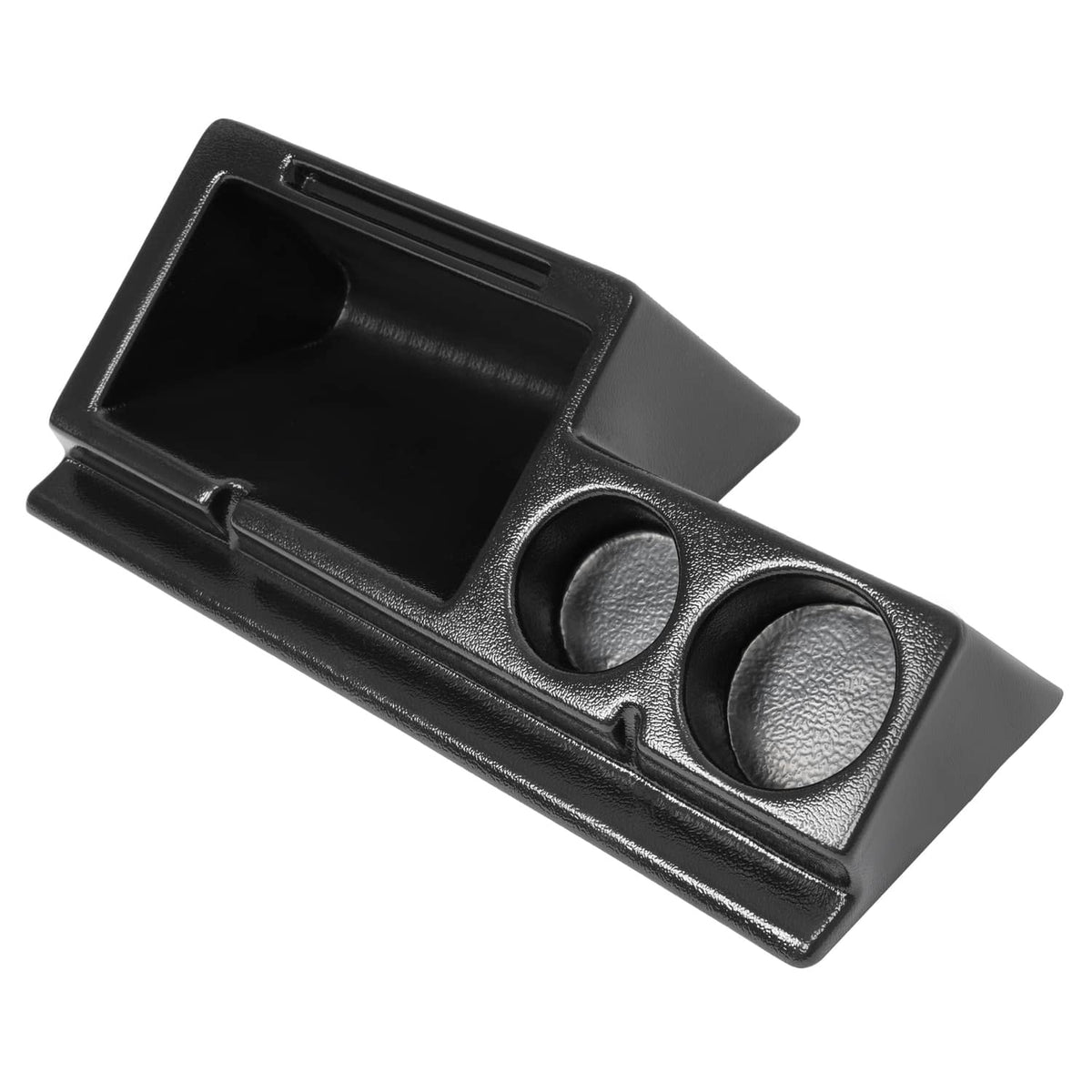 Black cab caddie tray with open storage area and two beverage cup holders