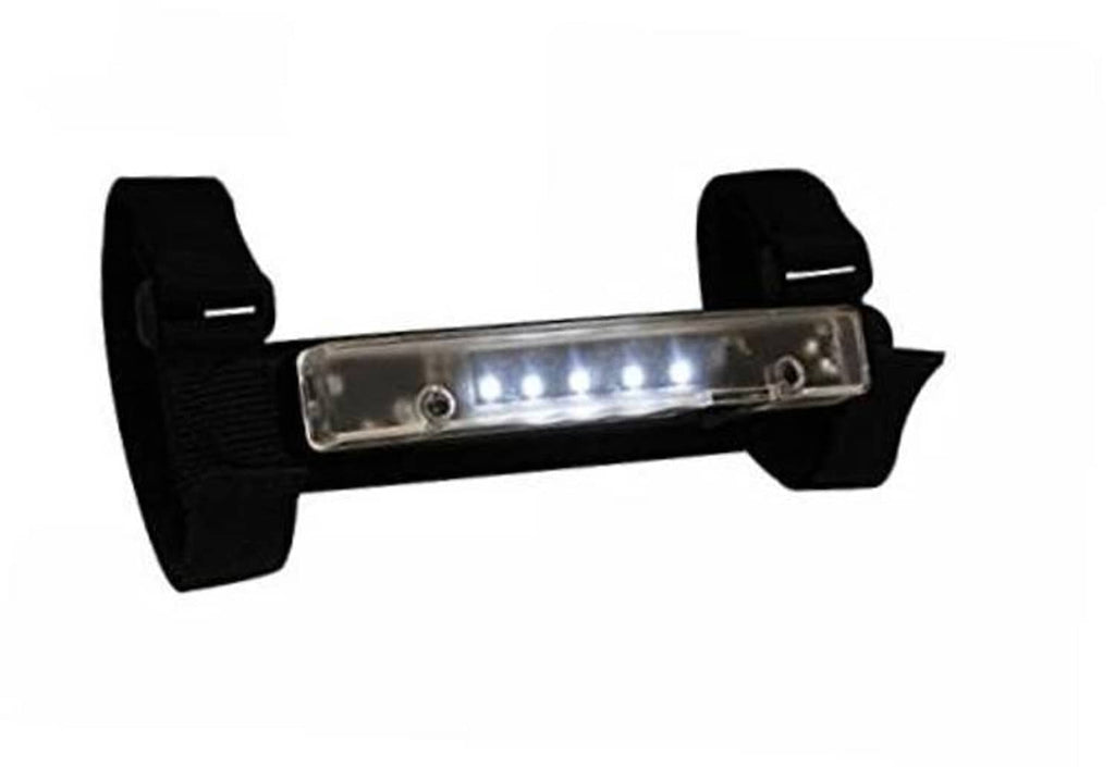 Black roll bar LED light mount with clear rectangular LED housing and bracket clips
