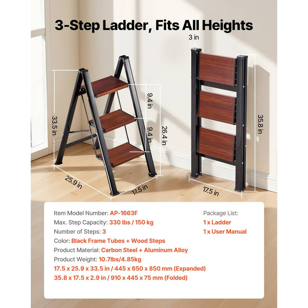 3-step aluminum folding ladder with black frame and three wide wood-grain steps