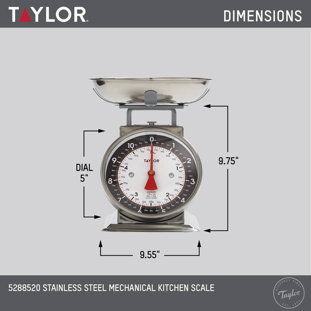 Mechanical kitchen food scale with stainless bowl and analog dial, front view
