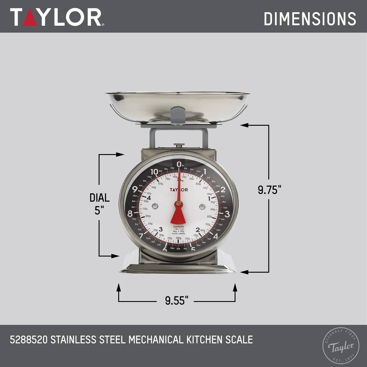 Mechanical kitchen food scale with stainless bowl and analog dial, front view