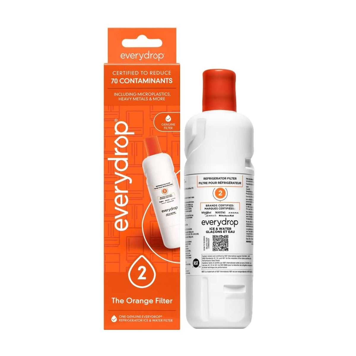 Orange and white everydrop water filter cartridge with retail packaging