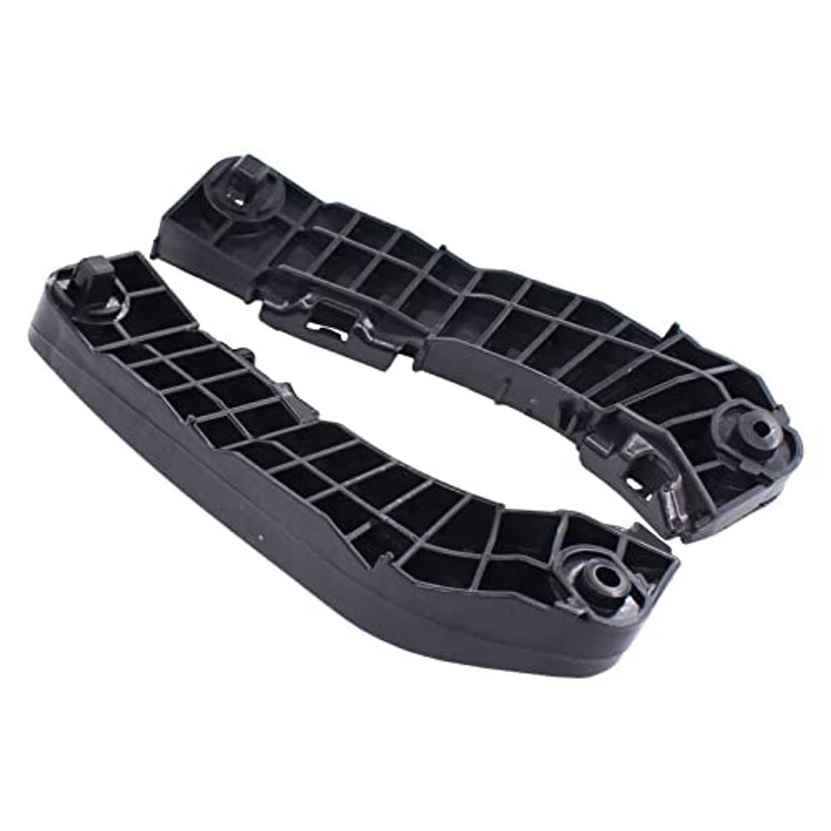 Black plastic bumper bracket retainer pair with grid lattice and two metal mounting clips