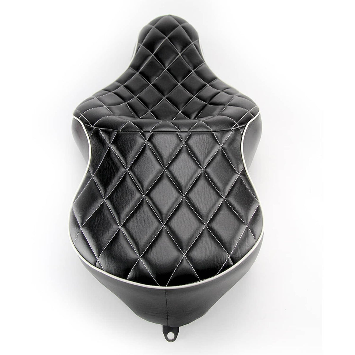 Black two-up motorcycle seat cushion with diamond-quilted top and contoured shape