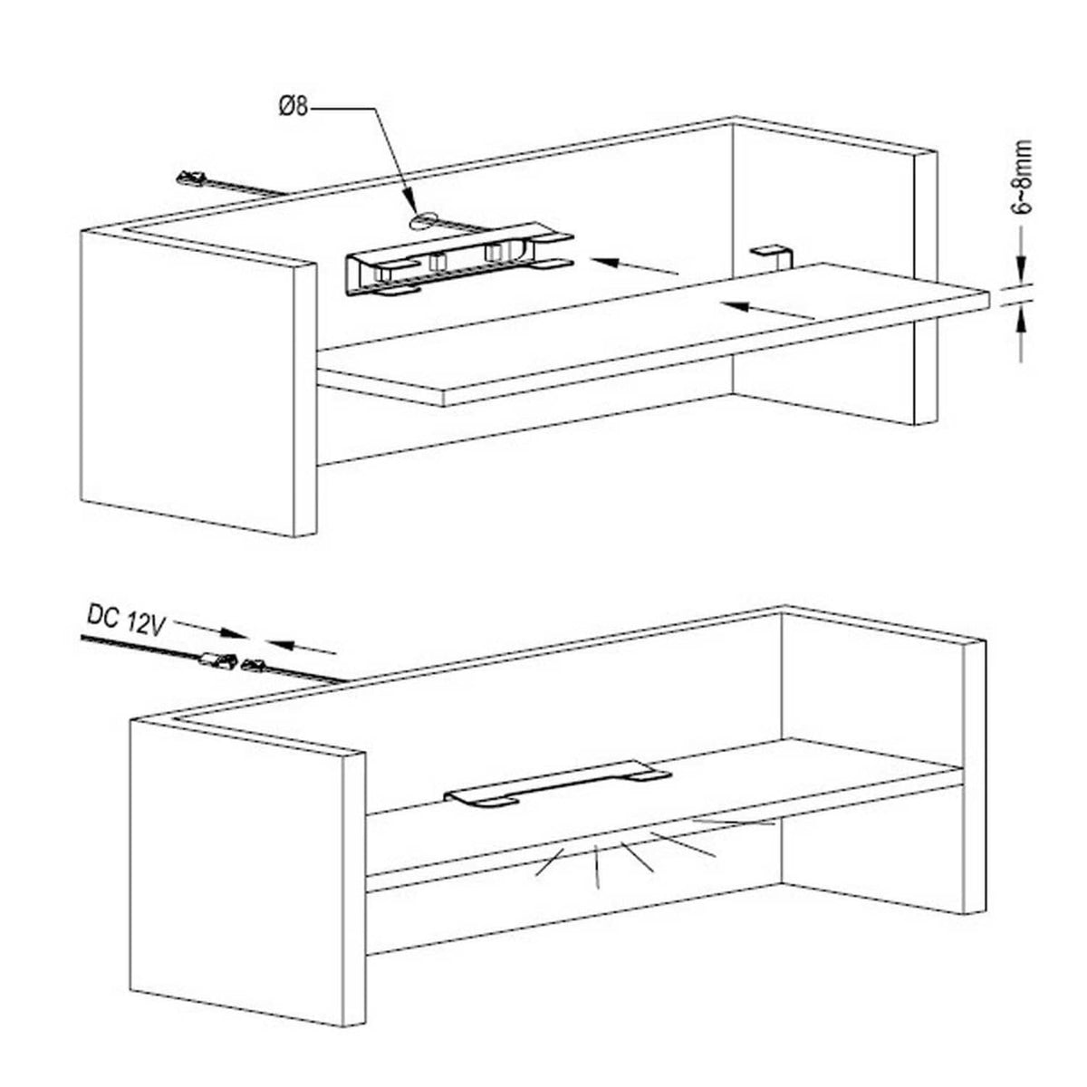 Installation diagram for LED under-shelf glass edge mount with DC 12V power