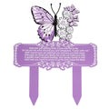 Purple butterfly memorial stake with floral design and hanging banner