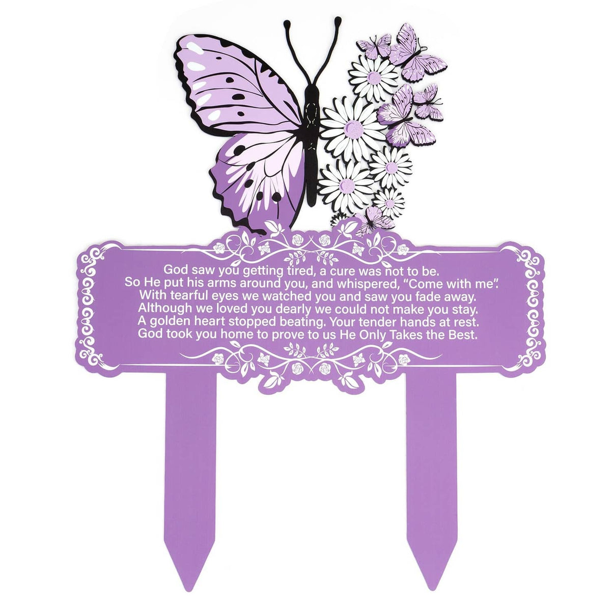 Purple butterfly memorial stake with floral design and hanging banner