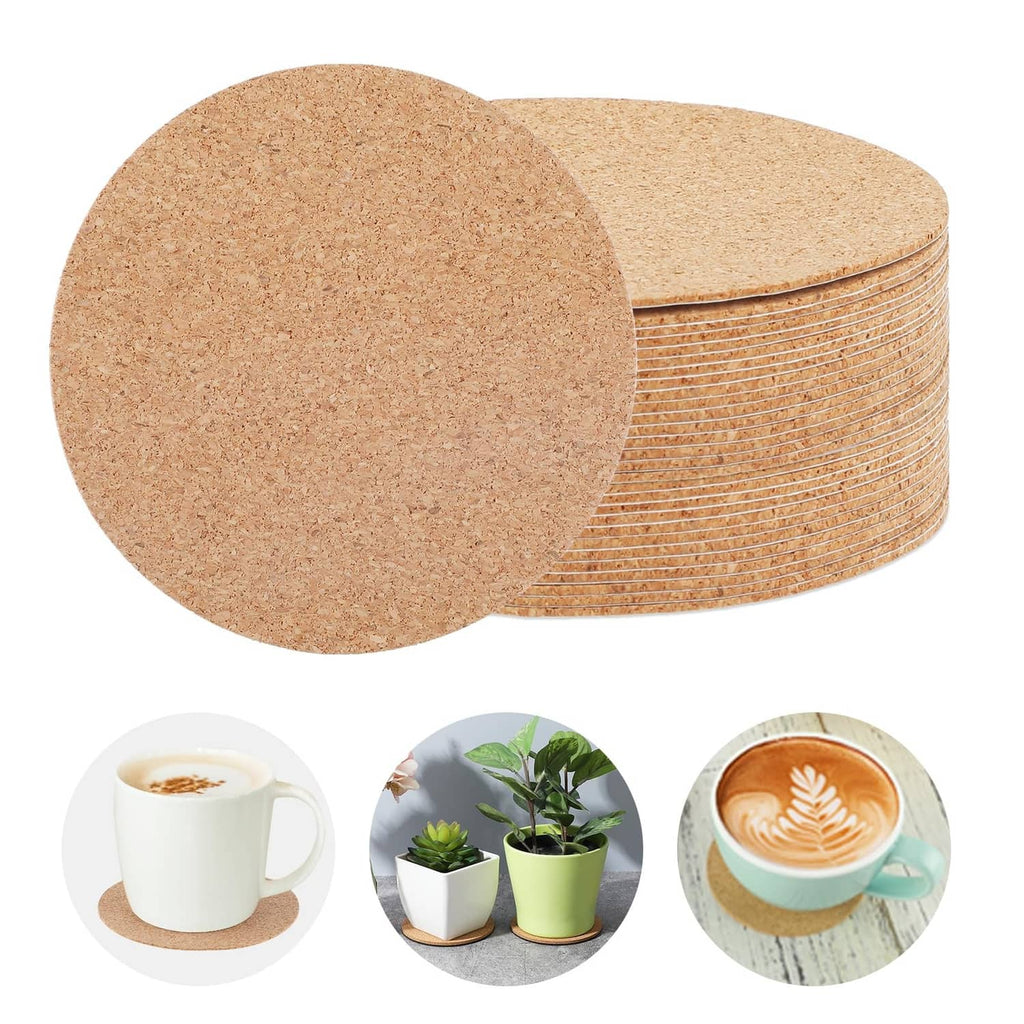 Self-adhesive cork round sheets, stacked beige circles with one front coaster