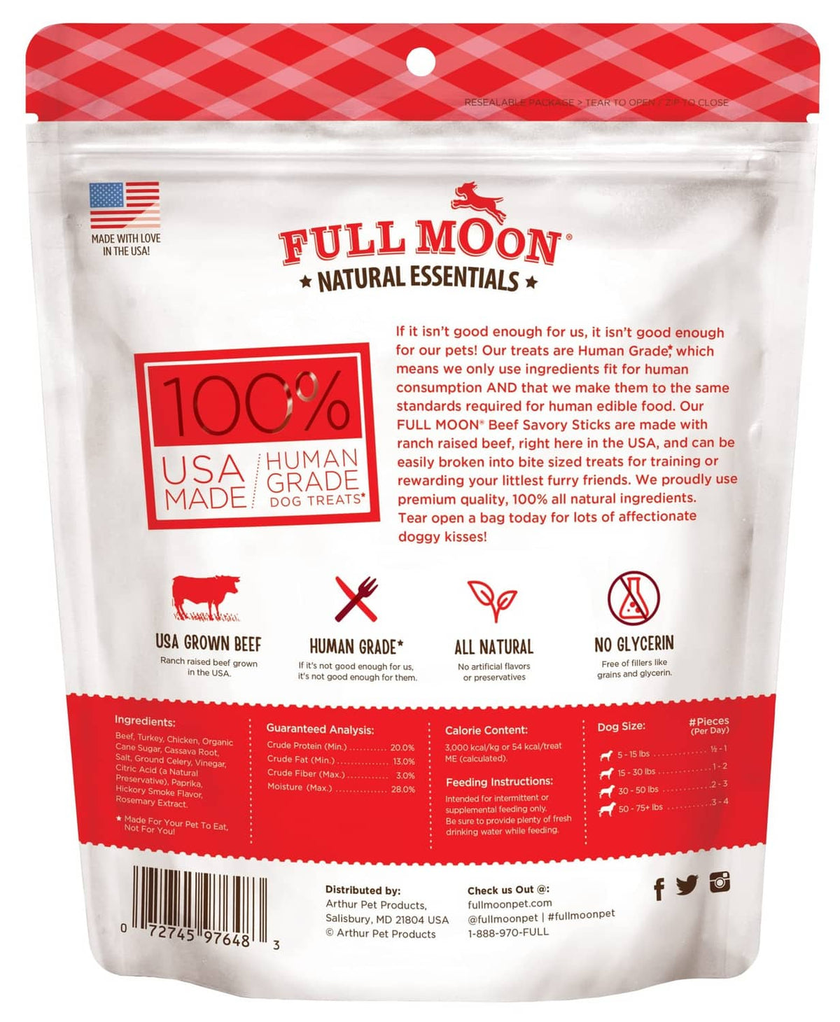 Back of beef dog treat bag with ingredients and human-grade 100% USA Made claims