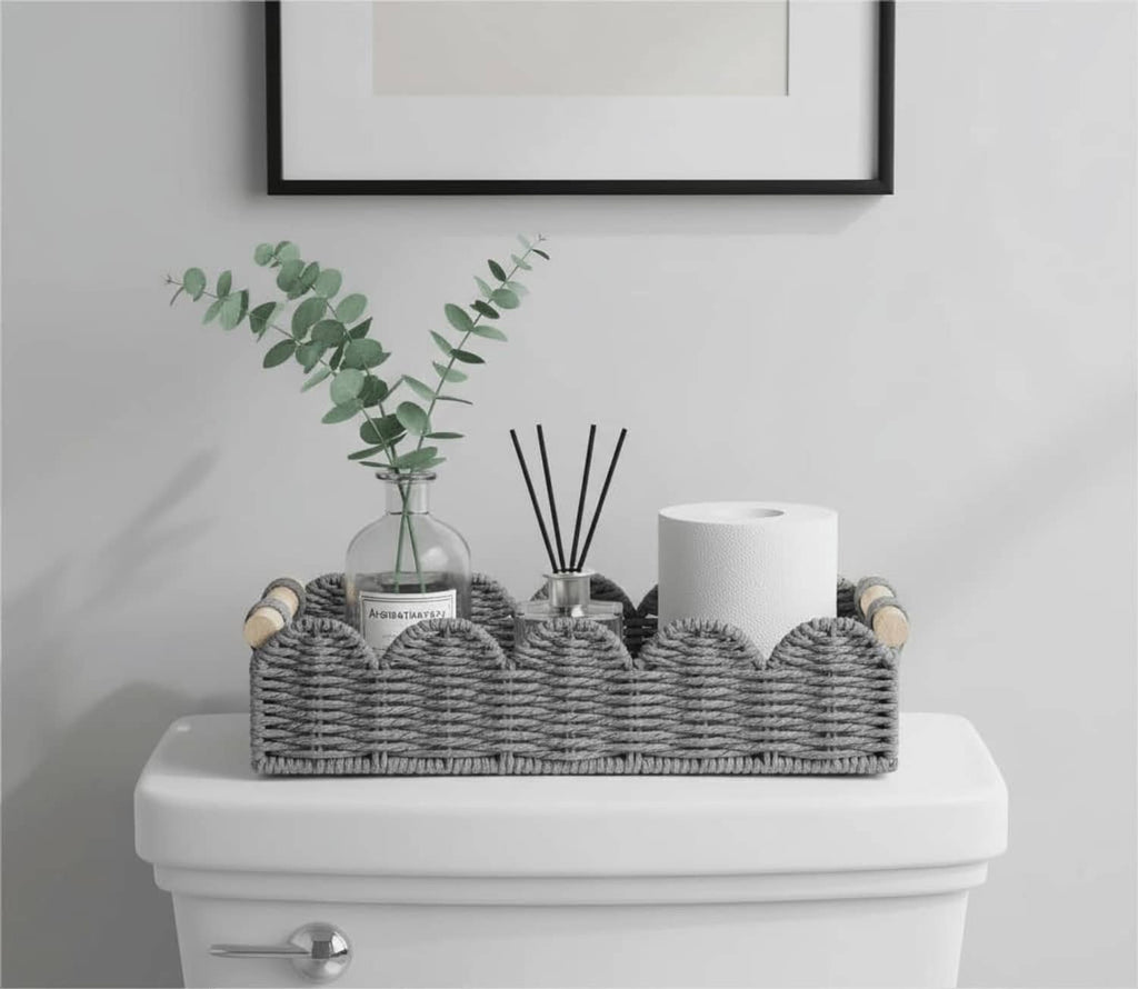 Grey woven toilet paper storage basket with open top, scalloped rim, and rope handle ends.