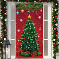 Multicolor Christmas door cover with printed green tree, ornaments, snowflakes on red