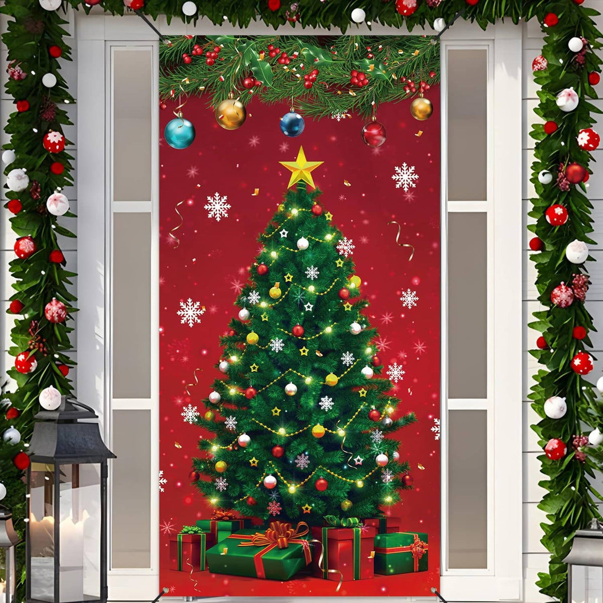 Multicolor Christmas door cover with printed green tree, ornaments, snowflakes on red