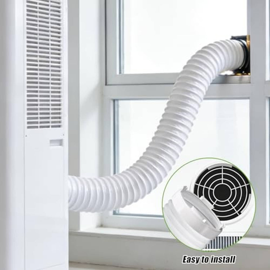 White AC exhaust hose coupler attached to a window exhaust opening with ribbed hose