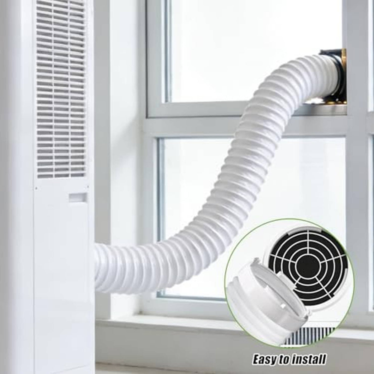 White AC exhaust hose coupler attached to a window exhaust opening with ribbed hose