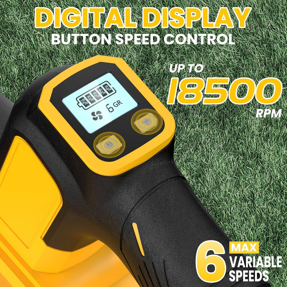 Leaf blower control area with digital display buttons on yellow-and-black housing