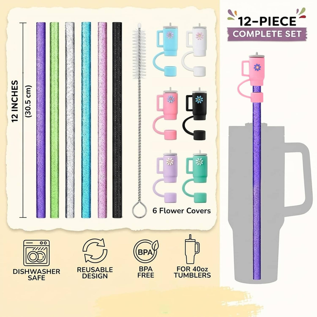 12-piece set of glitter straws and flower covers, 12-inch length for tumblers