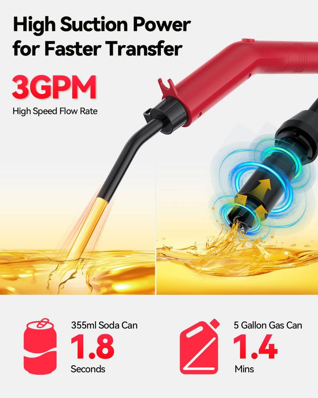 Red portable fuel transfer pump with black siphon hose and intake nozzle