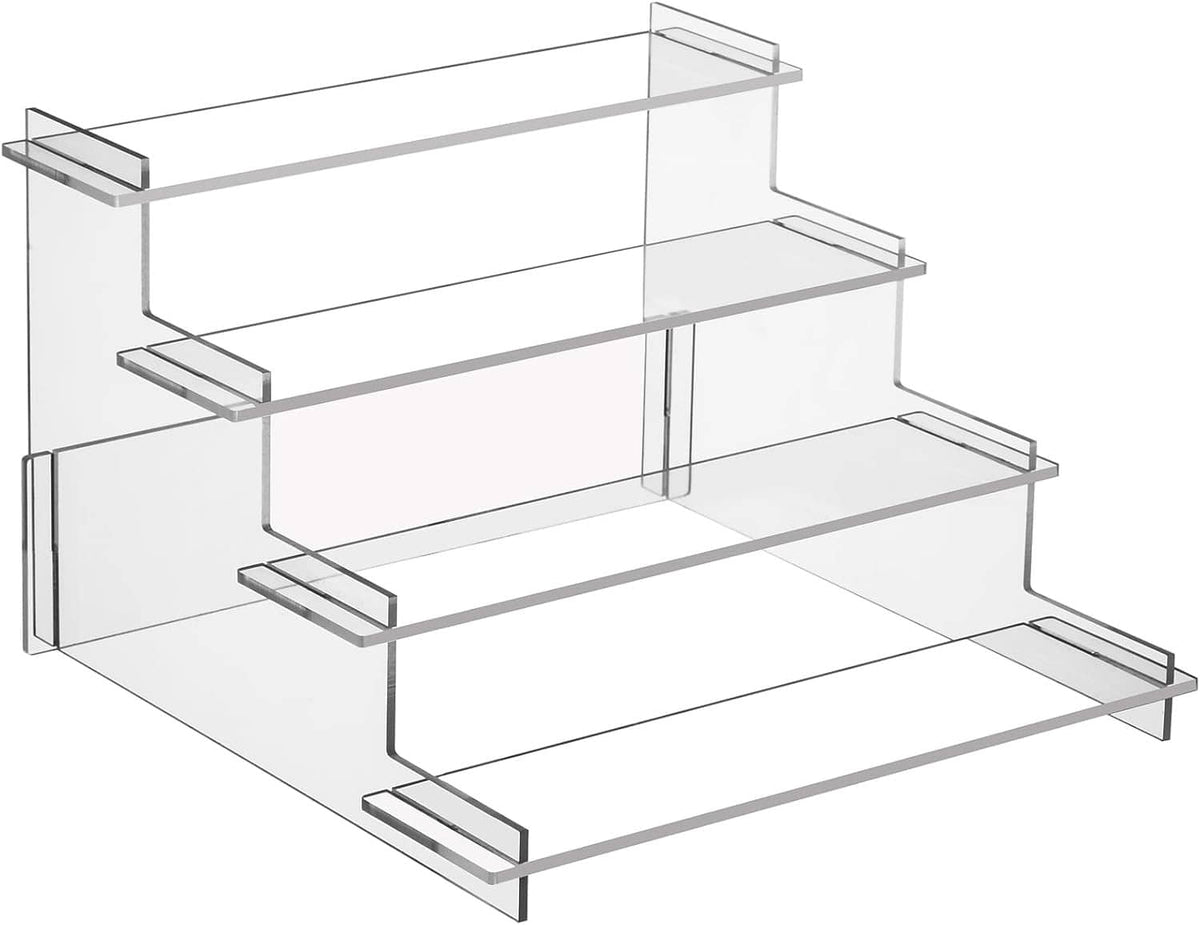 Clear 4-tier acrylic organizer stand with three horizontal shelves and end supports