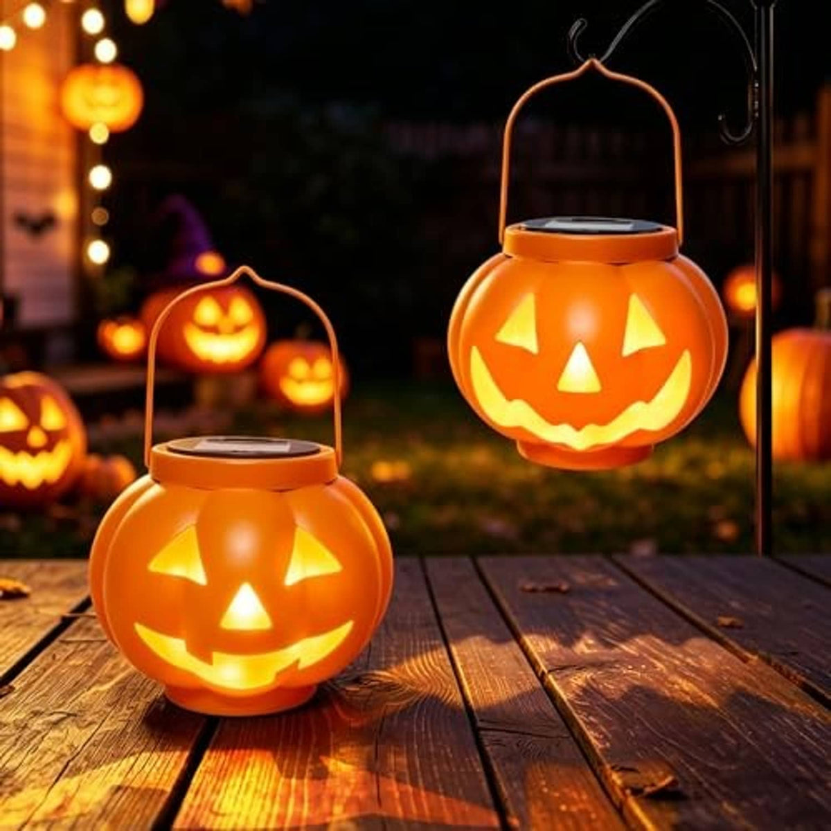 Two glowing orange pumpkin solar lanterns with jack-o'-lantern cutout faces