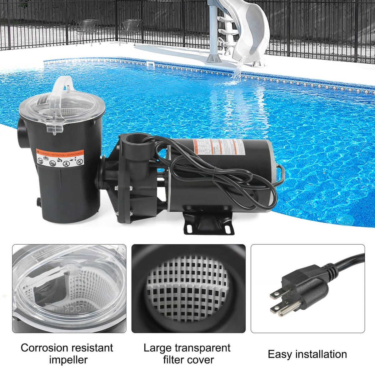 Black pool pump with clear strainer cover and visible filter opening, power cord attached