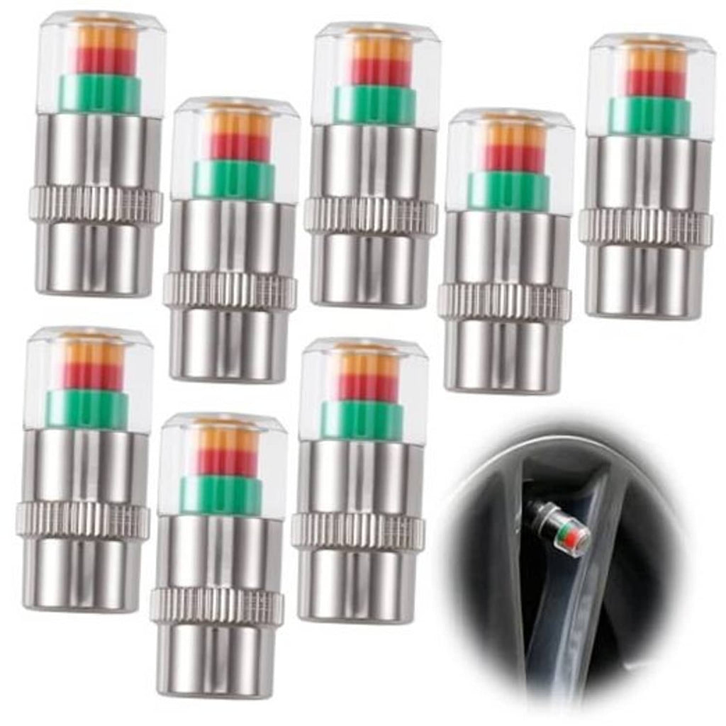 Chrome metal tire valve caps with multicolor indicator bands (set of 8)