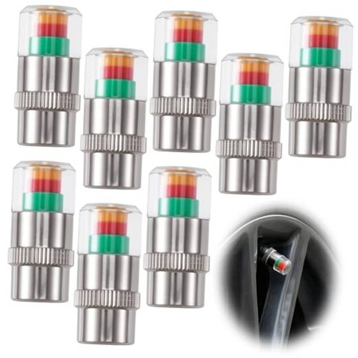 Chrome metal tire valve caps with multicolor indicator bands (set of 8)