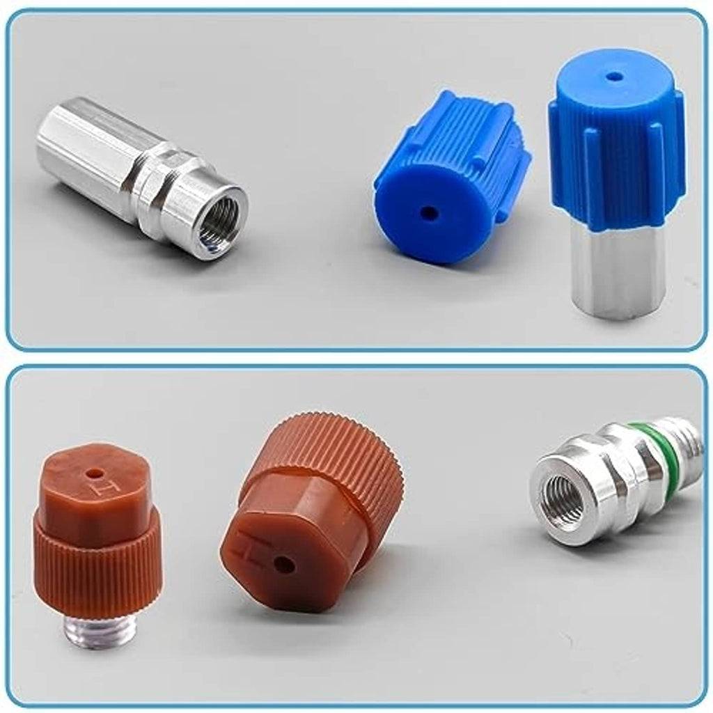 AC service valve connectors with blue and brown dust caps and silver fittings