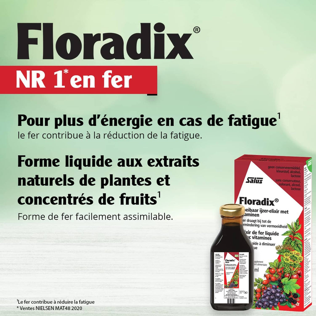 Liquid iron supplement bottle and red carton, with golden cap and front label