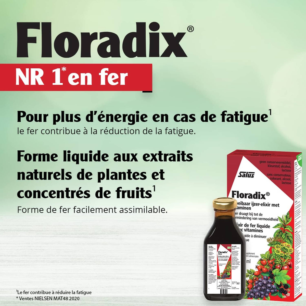 Liquid iron supplement bottle and red carton, with golden cap and front label