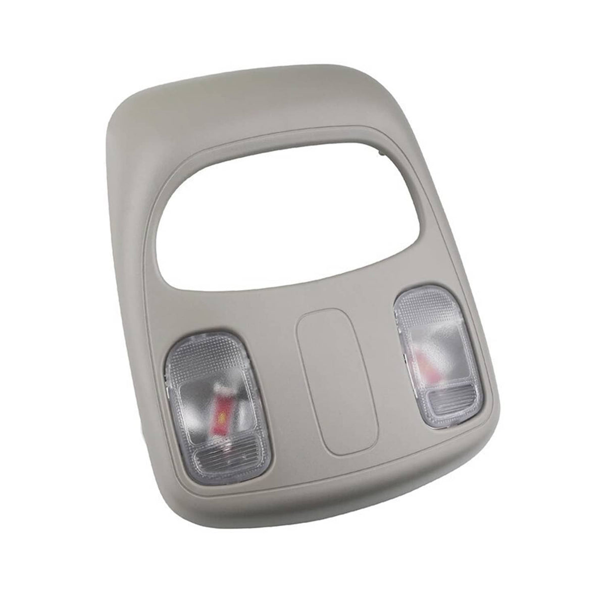 Grey overhead map light console housing with two clear lens lamps and central blank button