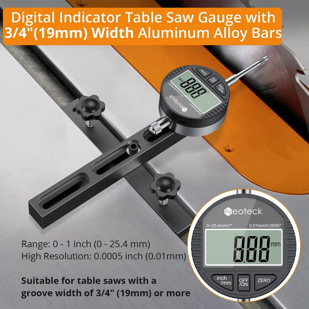 Digital indicator table saw gauge with LCD reading and silver probe rod