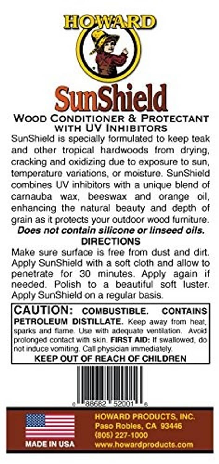 Howard SunShield wood conditioner wax bottle, back label with directions