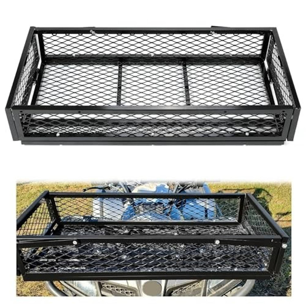 Black steel mesh cargo basket tray with raised side rails and end walls